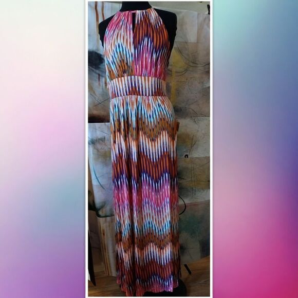 Allison Britney Multi Colored, Halter Style, Maxi Dress Size L - Picture 1 of 4